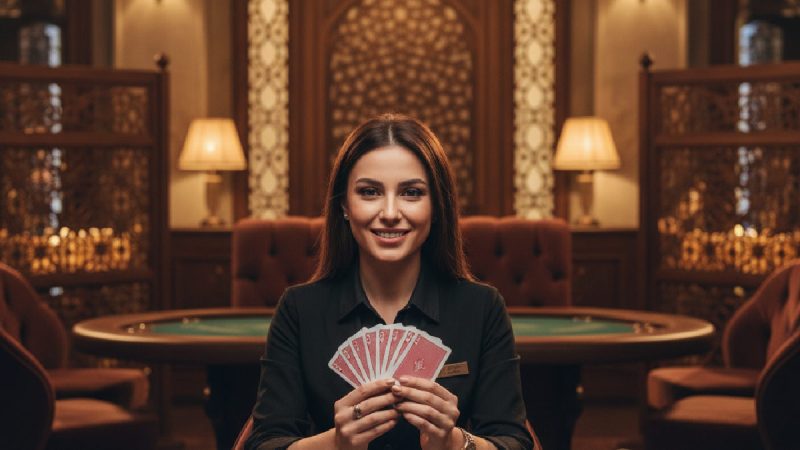 Hitpot canlı poker masalarında yeşil çuha üzerinde kart dağıtan kurpiyer rehberi